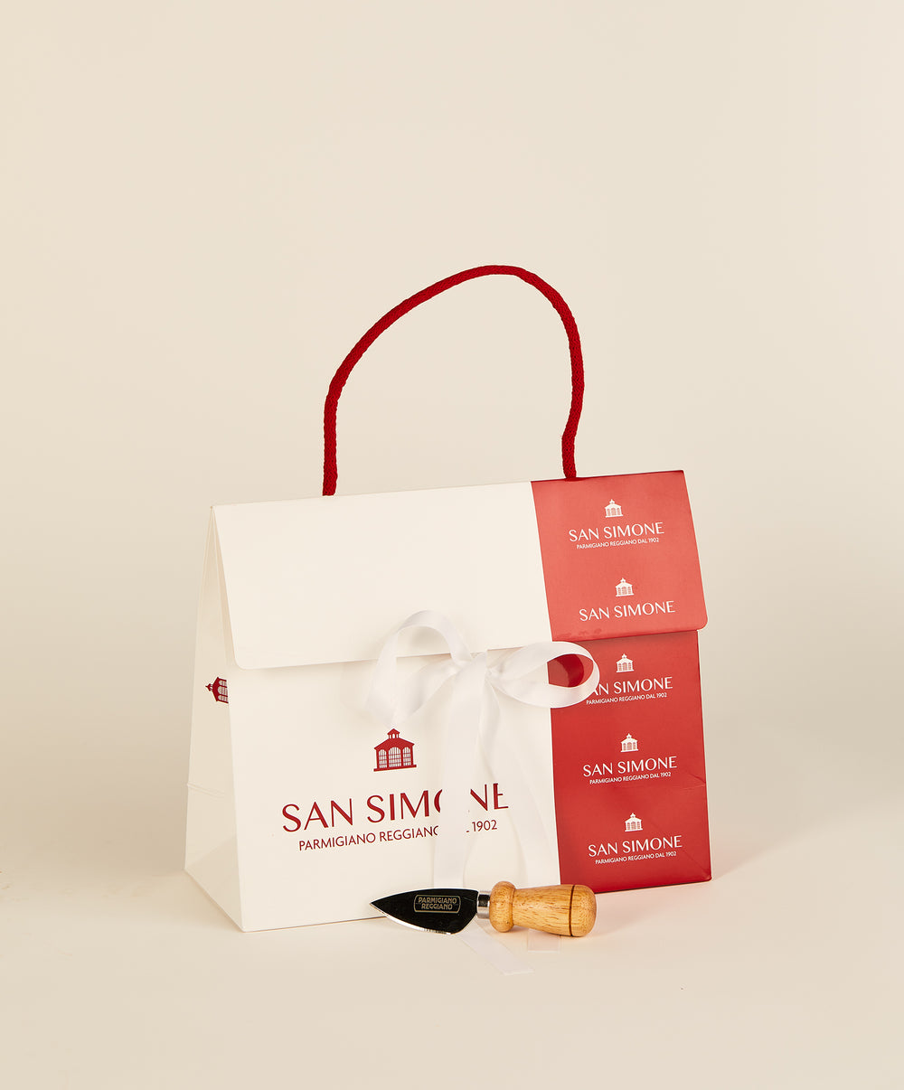 Shopper con logo bianca e rossa con manico in stoffa + Coltellino “Goccia” Scaglia Parmigiano